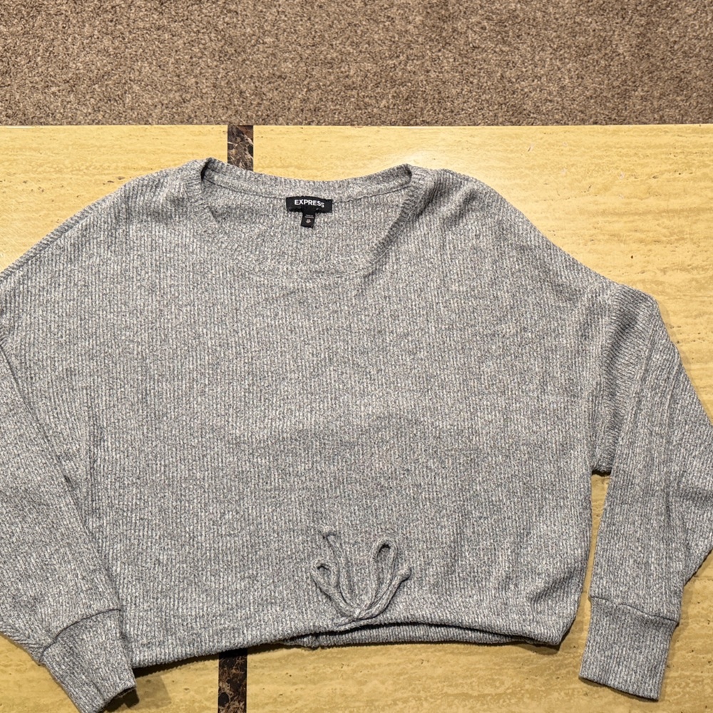 Express Light Heather Gray Ribbed Drawstring cropped Pullover